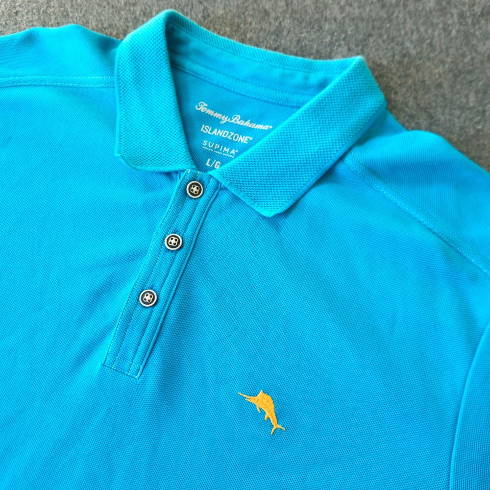 Tommy Bahama IslandZone Supima Polo Large Marlin Logo Preppy Activewear Golf EUC